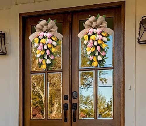 26 Inch Artificial Tulips Teardrop Swag with Burlap Bow