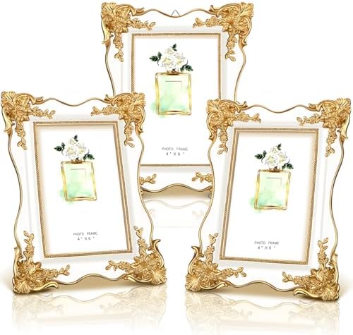 3 Pcs Vintage Gold Trim Photo Frames with Easel and Hooks