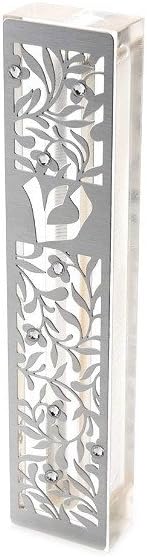Acrylic Mezuzah Case with Steel Leaves and Swarovski Crystals