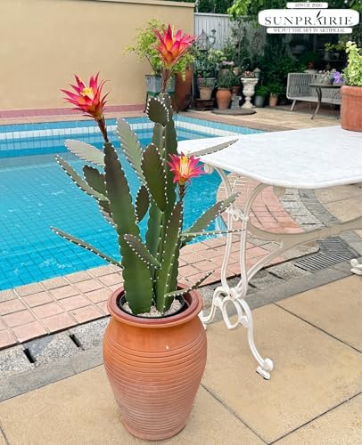 33 Inch Artificial Cactus with Magenta Flowers in Pot