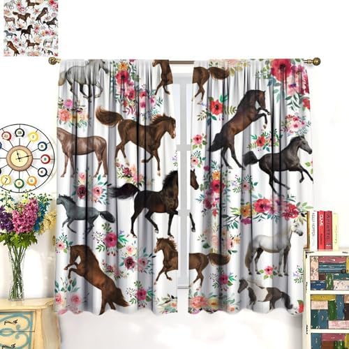 Girls Horse Blackout Curtains with Pink Flower Design