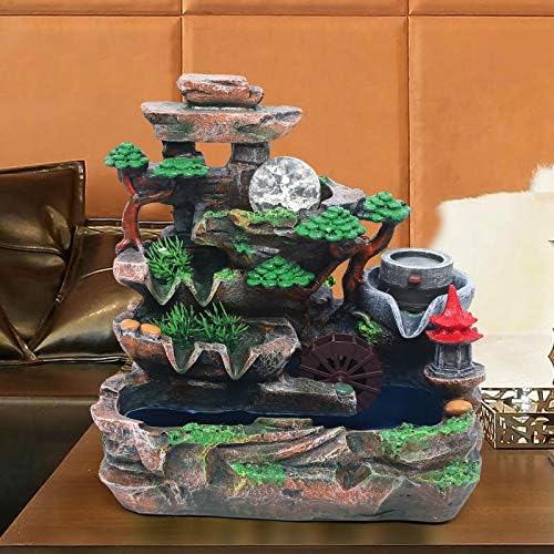 Tabletop Fountain with LED Light and Mist Resin Rockery Fountain Ornament for Home Office Decoration