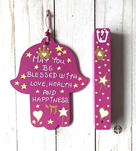 Hamsa Mezuzah Set Princess Baby Blessing Dark Pink
