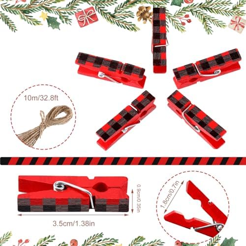 50 Pieces Christmas Photo Clips Buffalo Plaid Wooden Hanging Pegs