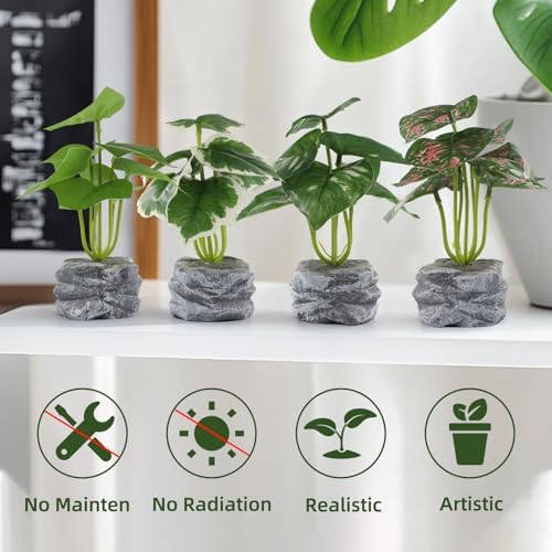 4Pcs Artificial Plants Mini Potted Lifelike Faux Greenery Cement Vase Decor