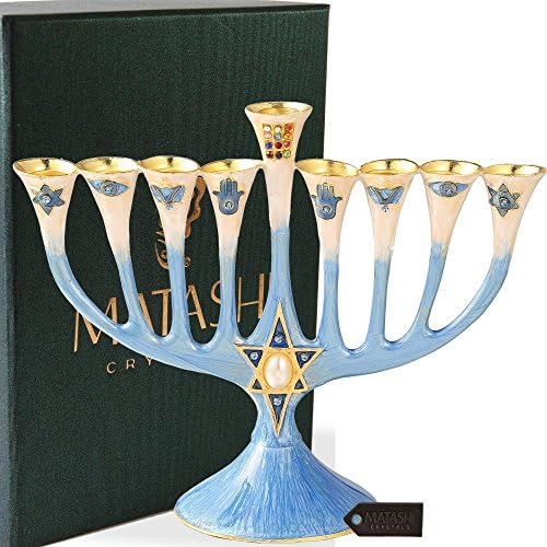 Matashi Hand Painted Enamel Menorah with Crystals and Gold Accents