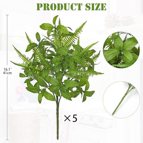 Artificial Fern Mint Leaves Stems Set 5pcs Realistic UV Resistant Decor Plants
