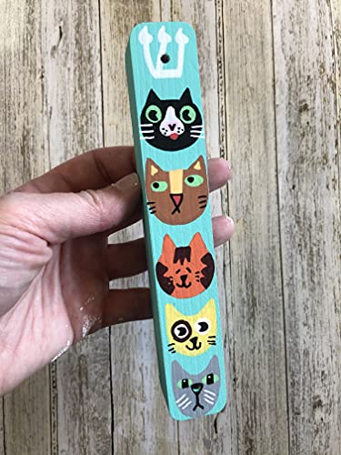 Cat Mezuzah Scroll Case Kids Room Decor Hand Painted Wood Teal With Kosher Scroll
