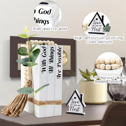 Rustic Farmhouse Decorative Books Set with Tassels and Leaves