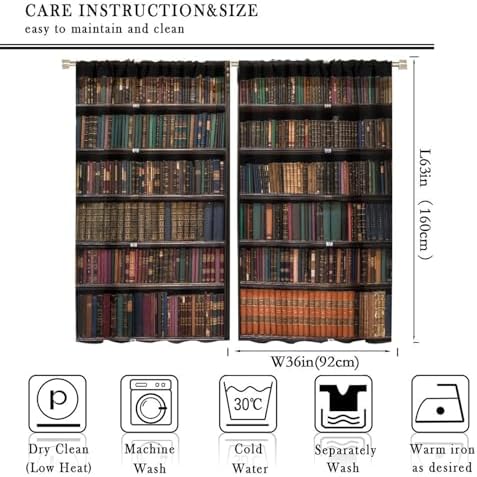 Bookshelf Curtains Vintage Library with Books Window Treatments for Kids Bedroom