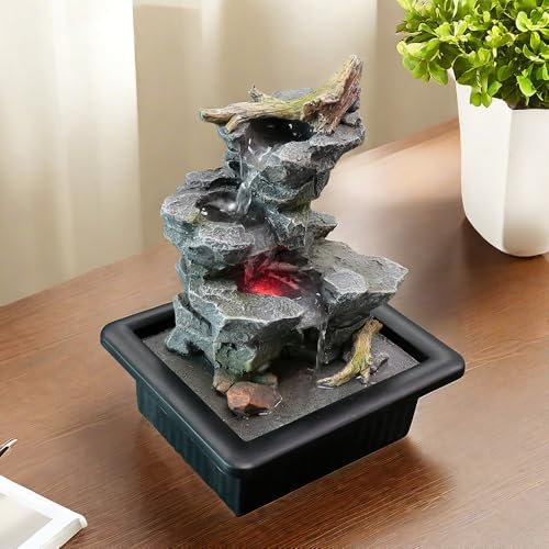 Rock Cascading Tabletop Water Fountain with LED Light Grey