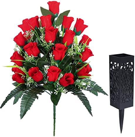 2 Sets Artificial Cemetery Flowers with Vase Red Roses Lasting Decor