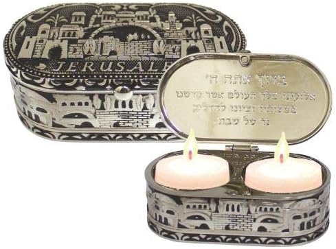 Jewish Shabbat Travel Candlesticks - Jerusalem View Nickel Plated Set