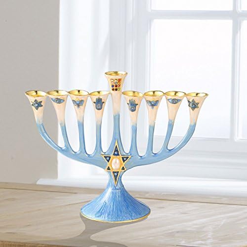 Matashi Hand Painted Enamel Menorah with Crystals and Gold Accents