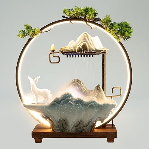 Ceramic Tabletop Water Fountain with Incense Holder and LED Light