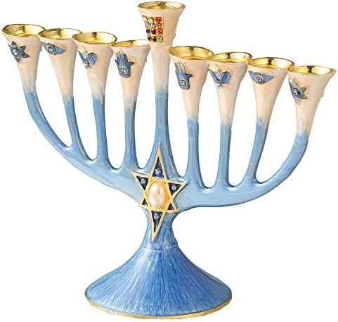 Matashi Hand Painted Enamel Menorah with Crystals and Gold Accents