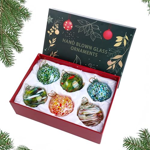 Set of 6 Hand Blown Glass Christmas Ornaments for Garden Patio Window
