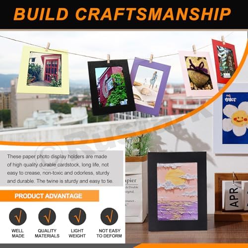 105Pcs Black Paper Picture Frames with Wood Clips and Jute Twine for Wall Decor