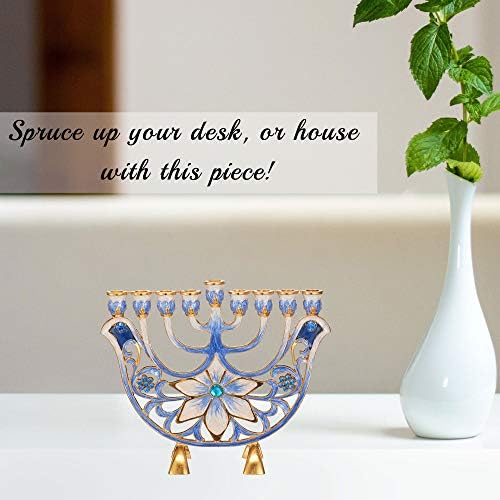 Matashi MTMNR13547 Hand Painted Ivory Menorah with Gold Accents and Blue Flowers