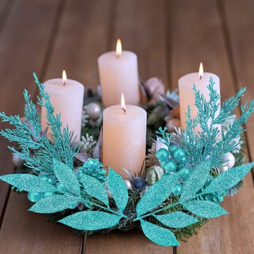 Winlyn 24 Pcs Teal Glitter Christmas Decoration Picks