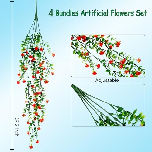Artificial Wall Hanging Flowers UV Resistant 4 Bundles Orange Green