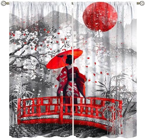 Yearn Jear Asian Japanese Geisha Girl Cherry Blossom Kimono Curtains 42x45 Inch