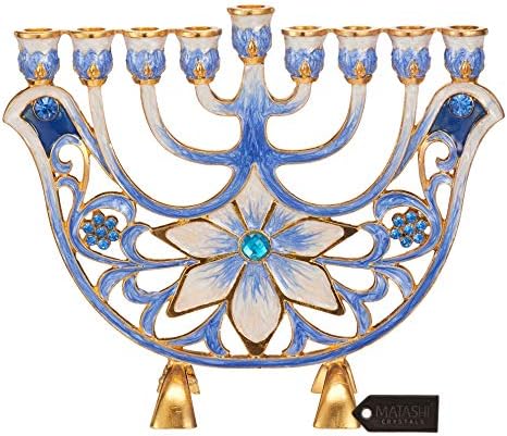Matashi MTMNR13547 Hand Painted Ivory Menorah with Gold Accents and Blue Flowers