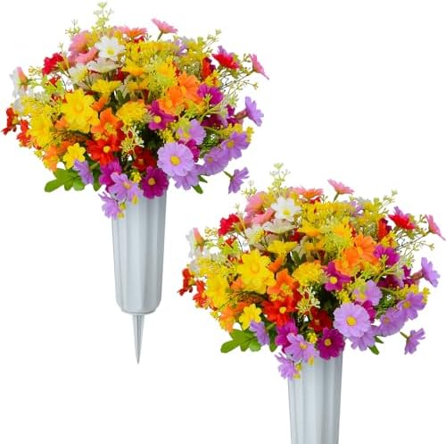 XONOR Artificial Daisy Flowers with Vase for Grave Decoration