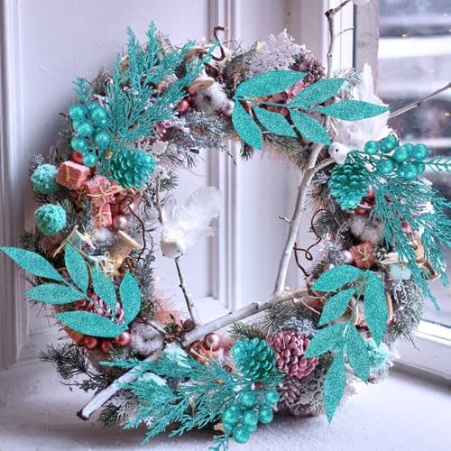 Winlyn 24 Pcs Teal Glitter Christmas Decoration Picks