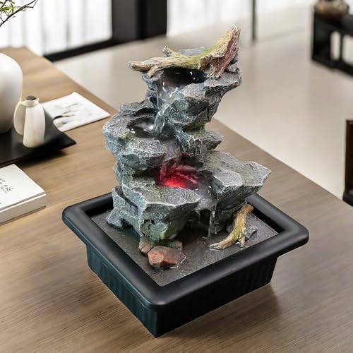 Rock Cascading Tabletop Water Fountain with LED Light Grey