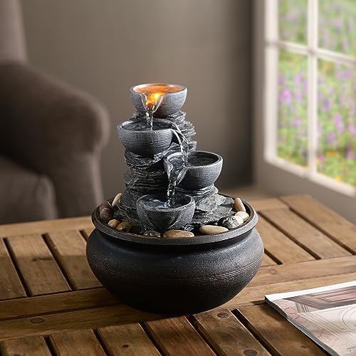 Teamson Home Indoor Tabletop Zen Waterfall Fountain with LED Lights and Pump Stone Gray