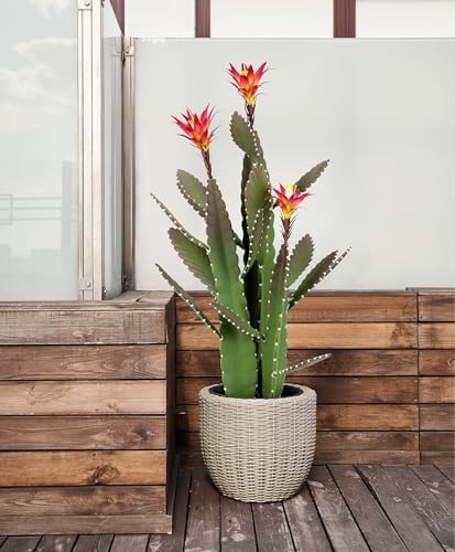 33 Inch Artificial Cactus with Magenta Flowers in Pot