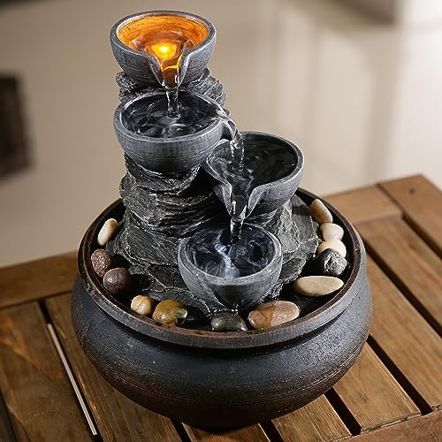 Teamson Home Indoor Tabletop Zen Waterfall Fountain with LED Lights and Pump Stone Gray