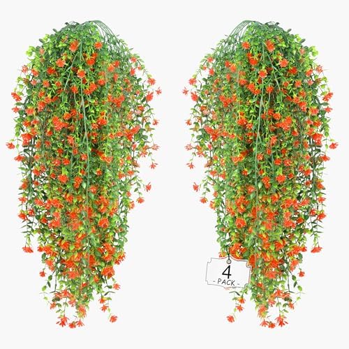 Artificial Wall Hanging Flowers UV Resistant 4 Bundles Orange Green