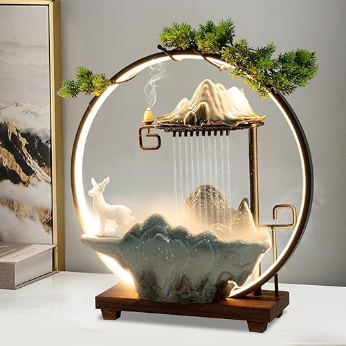 Ceramic Tabletop Water Fountain with Incense Holder and LED Light