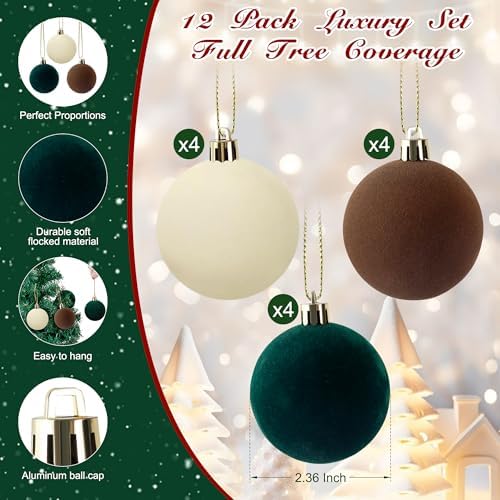 12 PCS Velvet Christmas Ornaments Balls with Shatterproof Design