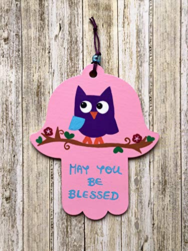 Lea Joelle Handmade Hamsa and Mezuzah Owl Blessing Pink