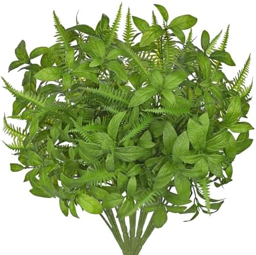 Artificial Fern Mint Leaves Stems Set 5pcs Realistic UV Resistant Decor Plants