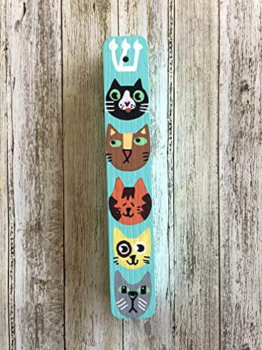 Cat Mezuzah Scroll Case Kids Room Decor Hand Painted Wood Teal With Kosher Scroll