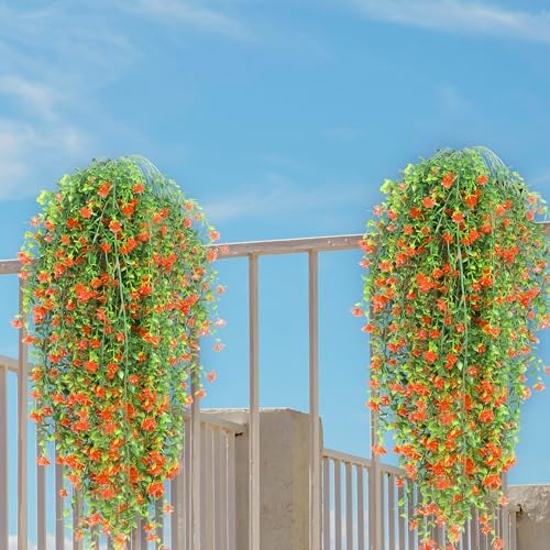 Artificial Wall Hanging Flowers UV Resistant 4 Bundles Orange Green