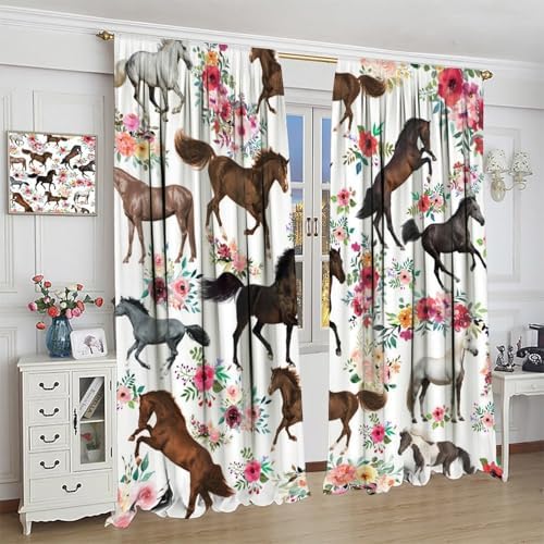 Girls Horse Blackout Curtains with Pink Flower Design