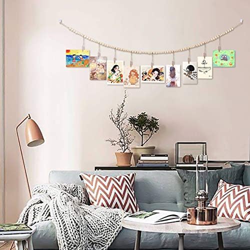 2PCS Wall Hanging Photo Display with Wooden Beads Garland and 9 Wood Clips