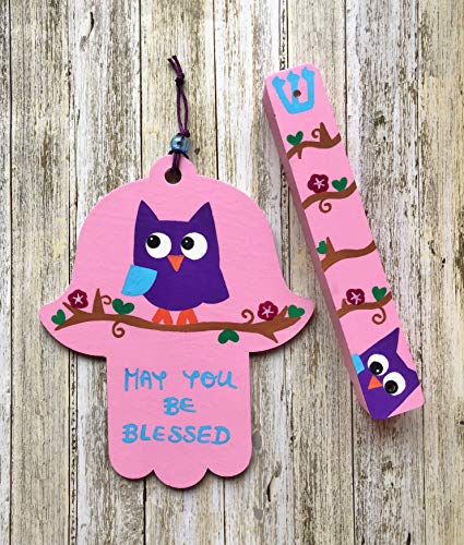 Lea Joelle Handmade Hamsa and Mezuzah Owl Blessing Pink