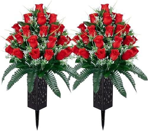 2 Sets Artificial Cemetery Flowers with Vase Red Roses Lasting Decor
