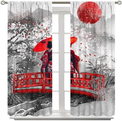 Yearn Jear Asian Japanese Geisha Girl Cherry Blossom Kimono Curtains 42x45 Inch