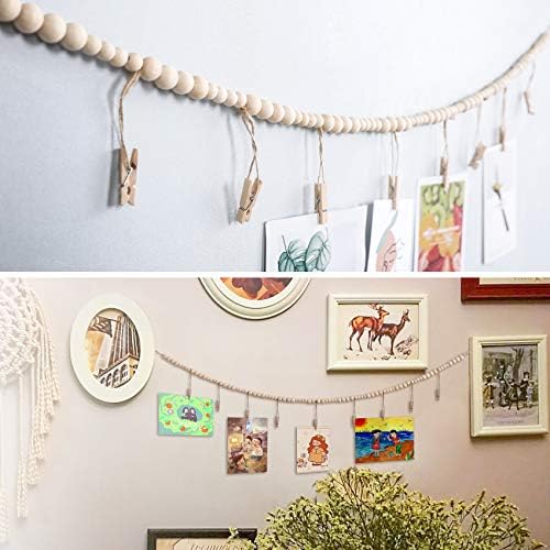2PCS Wall Hanging Photo Display with Wooden Beads Garland and 9 Wood Clips