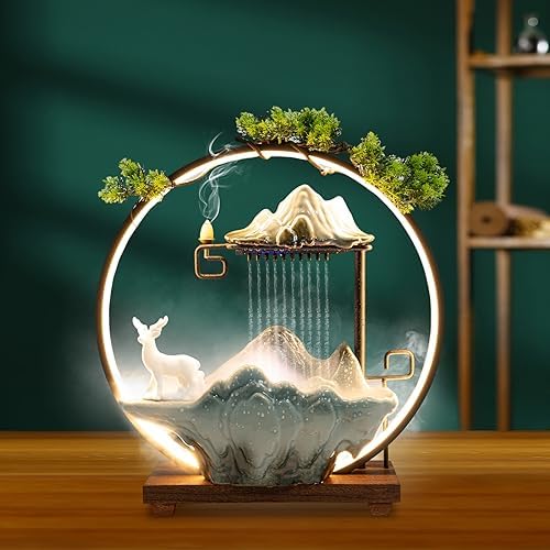 Ceramic Tabletop Water Fountain with Incense Holder and LED Light