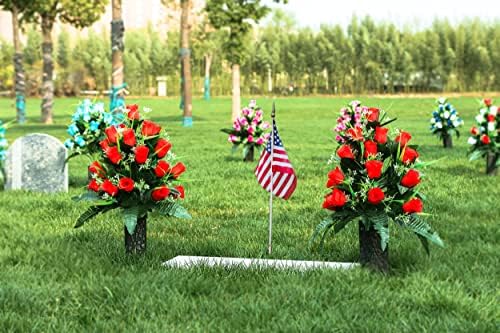 2 Sets Artificial Cemetery Flowers with Vase Red Roses Lasting Decor