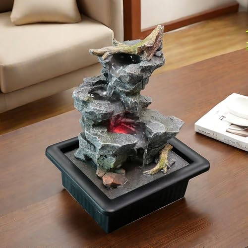 Rock Cascading Tabletop Water Fountain with LED Light Grey