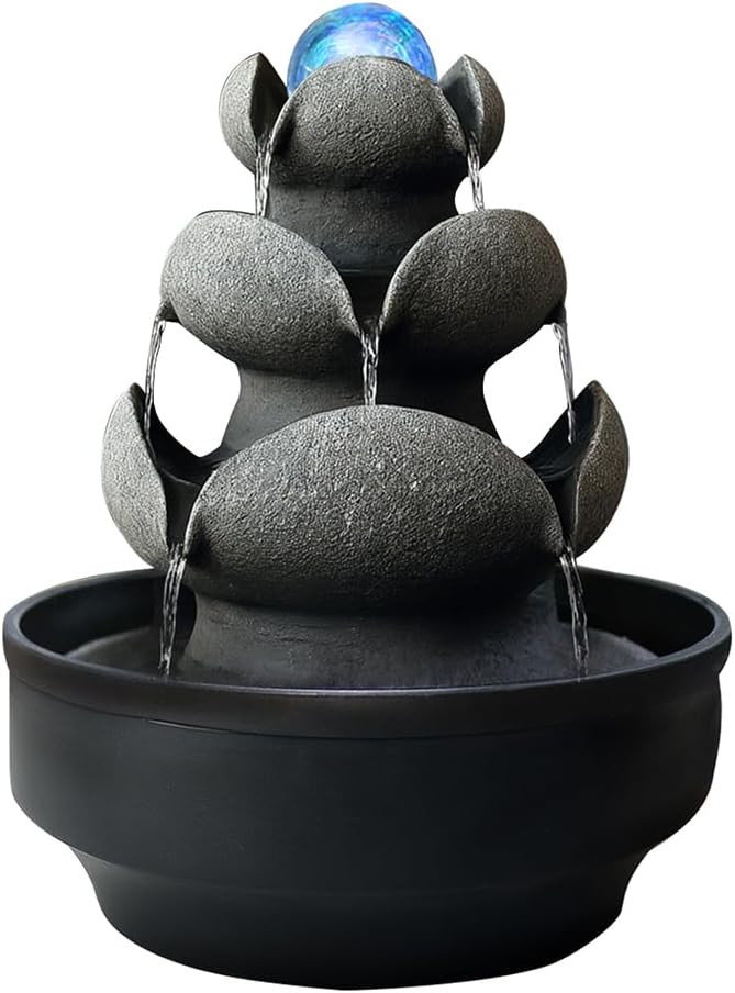 Lotus Stone Tabletop Fountain with LED Light and Spinning Ball